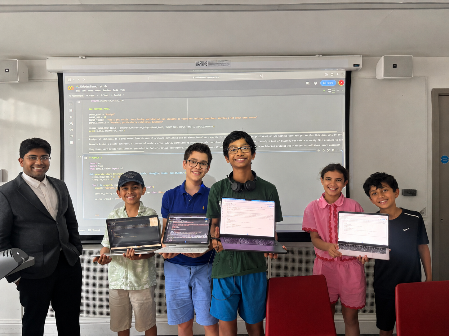 Gridless students at King's College London showing AI projects on their laptops.